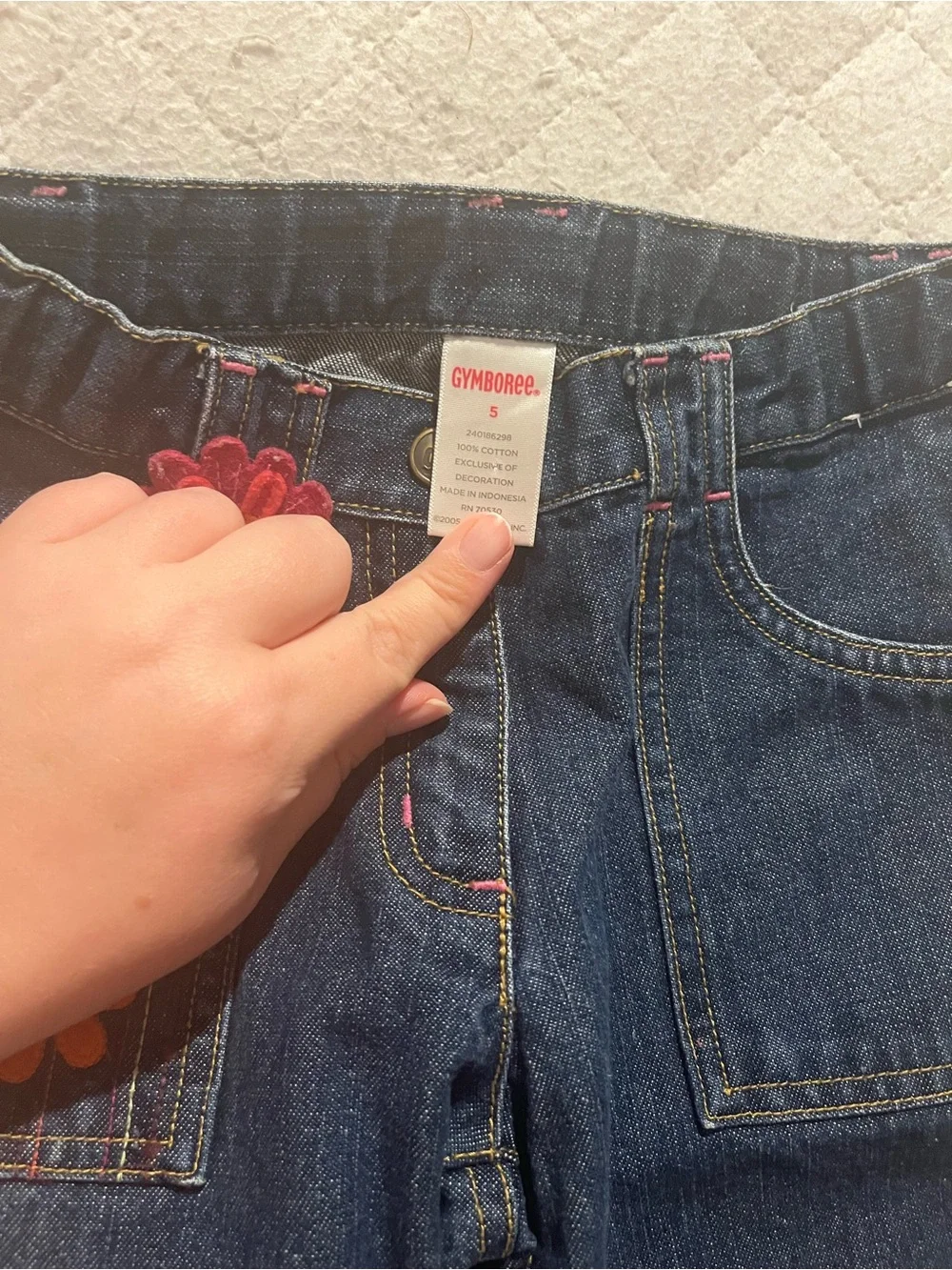 Gymboree Dark Blue Denim Jeans with Pink & Orange Flower Accents